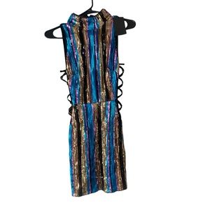 Black, Blue, Purple & Gold Sequin Crisscross cut out Bodycon mini dress
